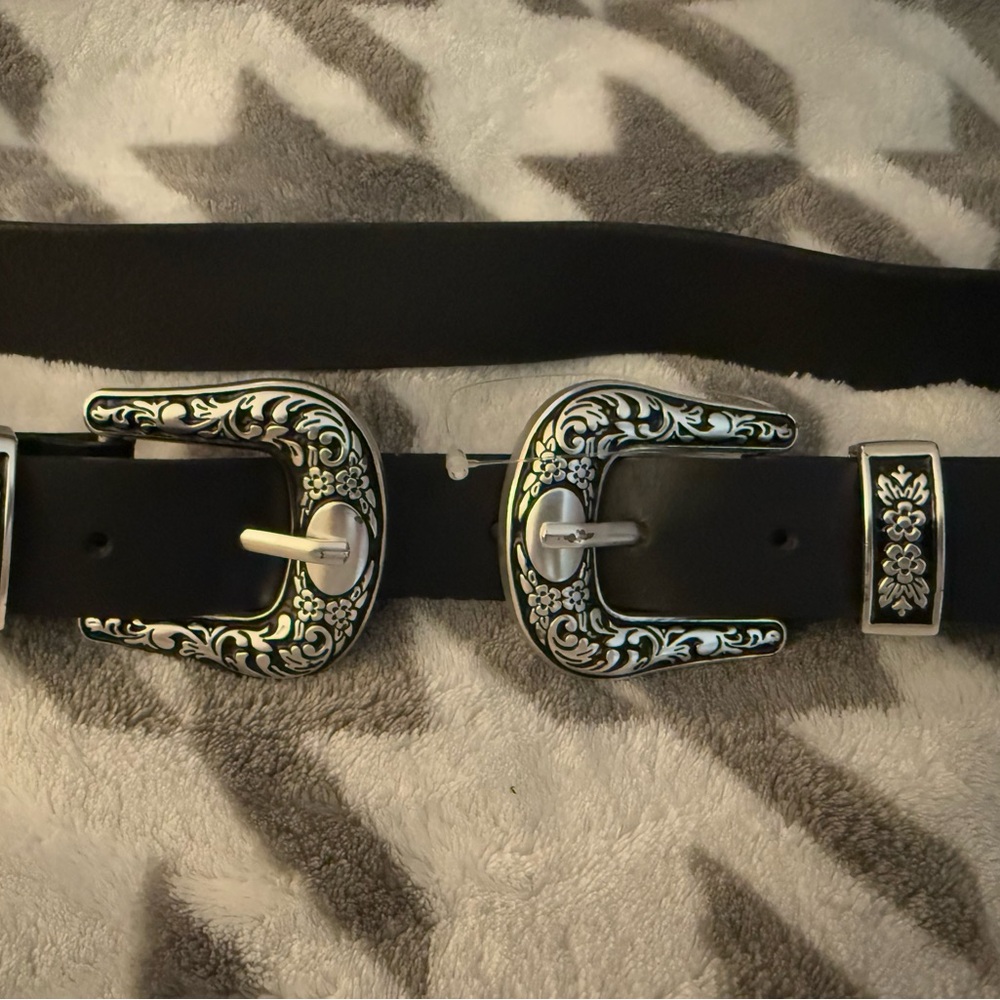 ASOS western double silver buckle and black vegan leather belt new